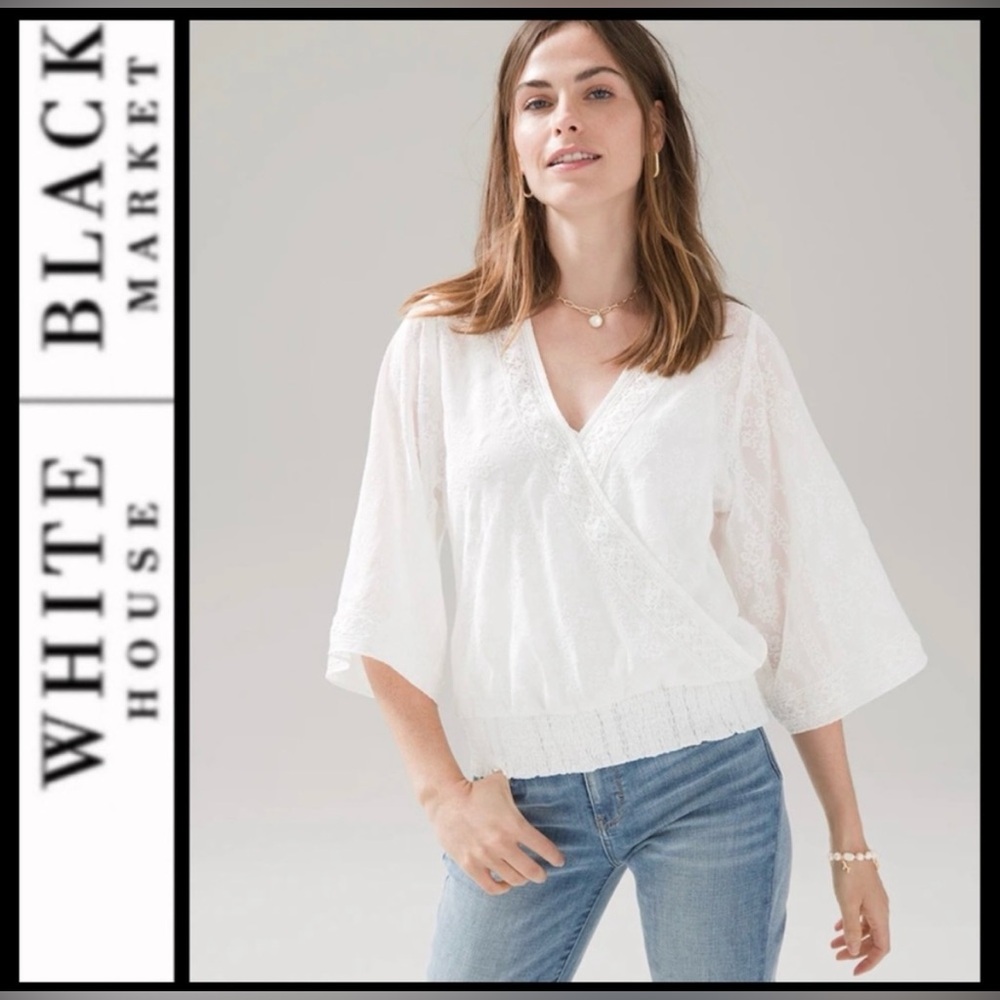 WHBM White Embroidered Kimono Sleeve Smocked Waist Surplice Blouse Size Large